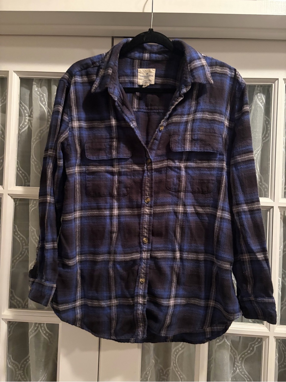 American Eagle Outfitters Blue and Black Plaid Button-Down Shirt
